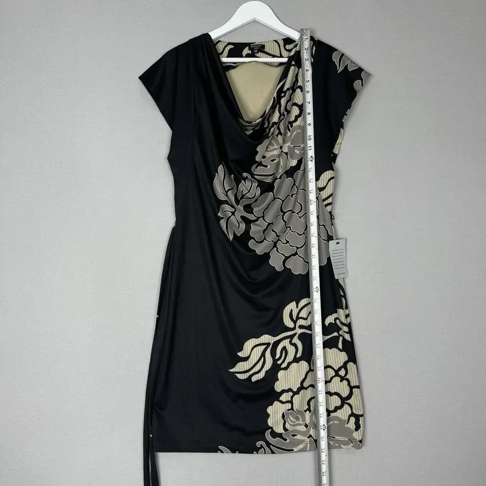 Komarov Womens Dress M Black Floral Jersey Knit Belted Cowl Neck Cocktail Career - Picture 3 of 11